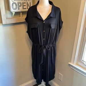 Lularoe Stacie Dolman Sleeve Button Down Tie Waist Midi Dress Black Gold NWT